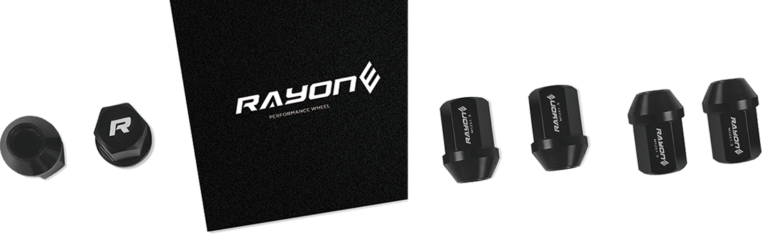RAYONE black wheel lug nut set with branded packaging