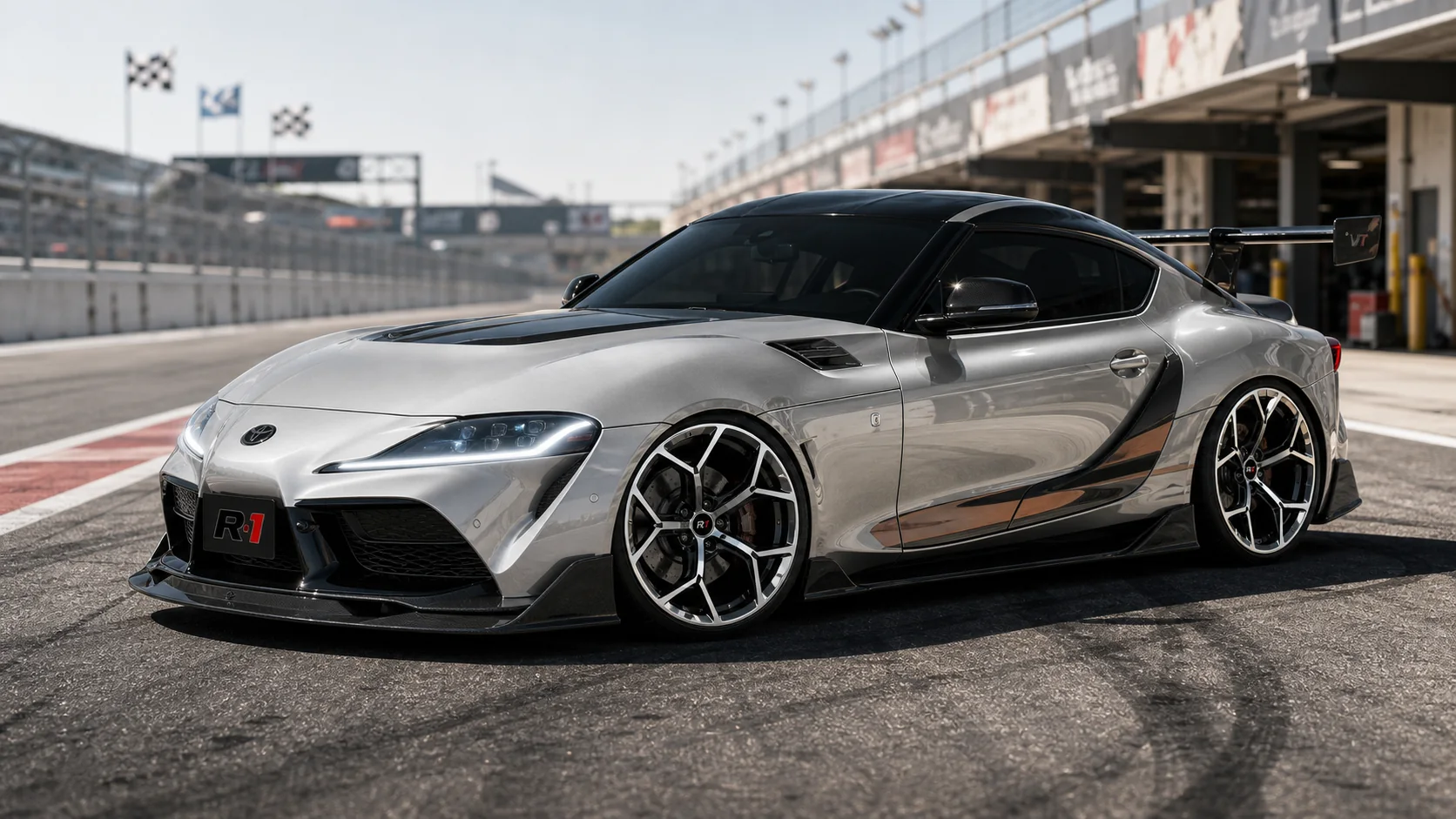 R1 wheel fitment visual on a silver Toyota GR Supra